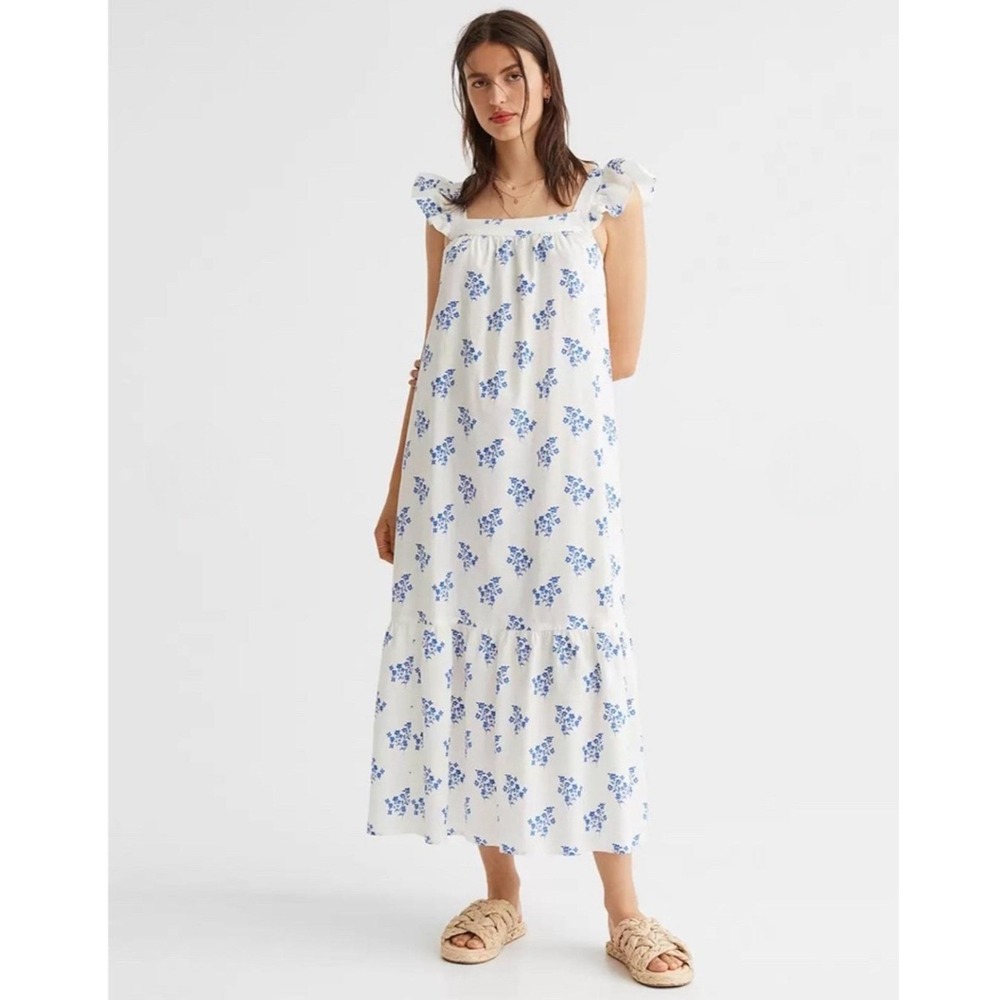 H&M Linen Blend Maxi Dress Blue White Floral Blockprints Sleeveless Shapeless